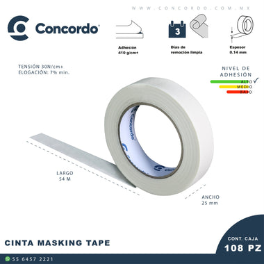 Caja De Cinta Masking tape 54mX25mm Color Blanco 1"pulgada
