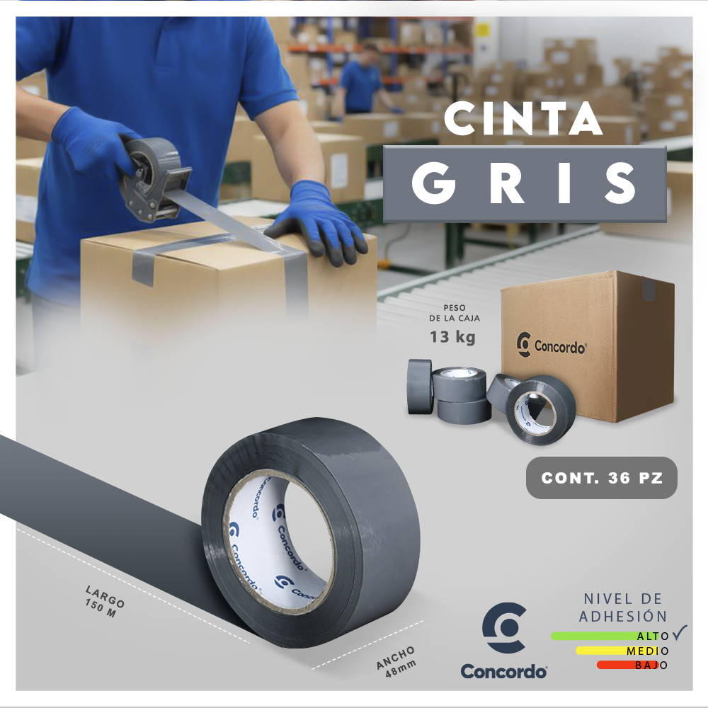 Caja De Cinta 150m x 48mm 36pz Color GRIS-CG