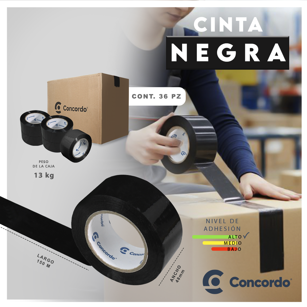 Caja De Cinta 150m x 48mm 36pz Color Negra-CN