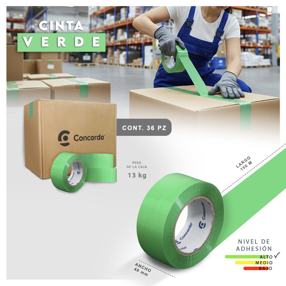 Caja De Cinta 150m x 48mm 36pz Color Verde-CINVER