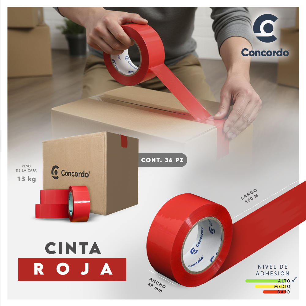 Caja De Cinta 150m x 48mm 36pz Color Roja-CINRO
