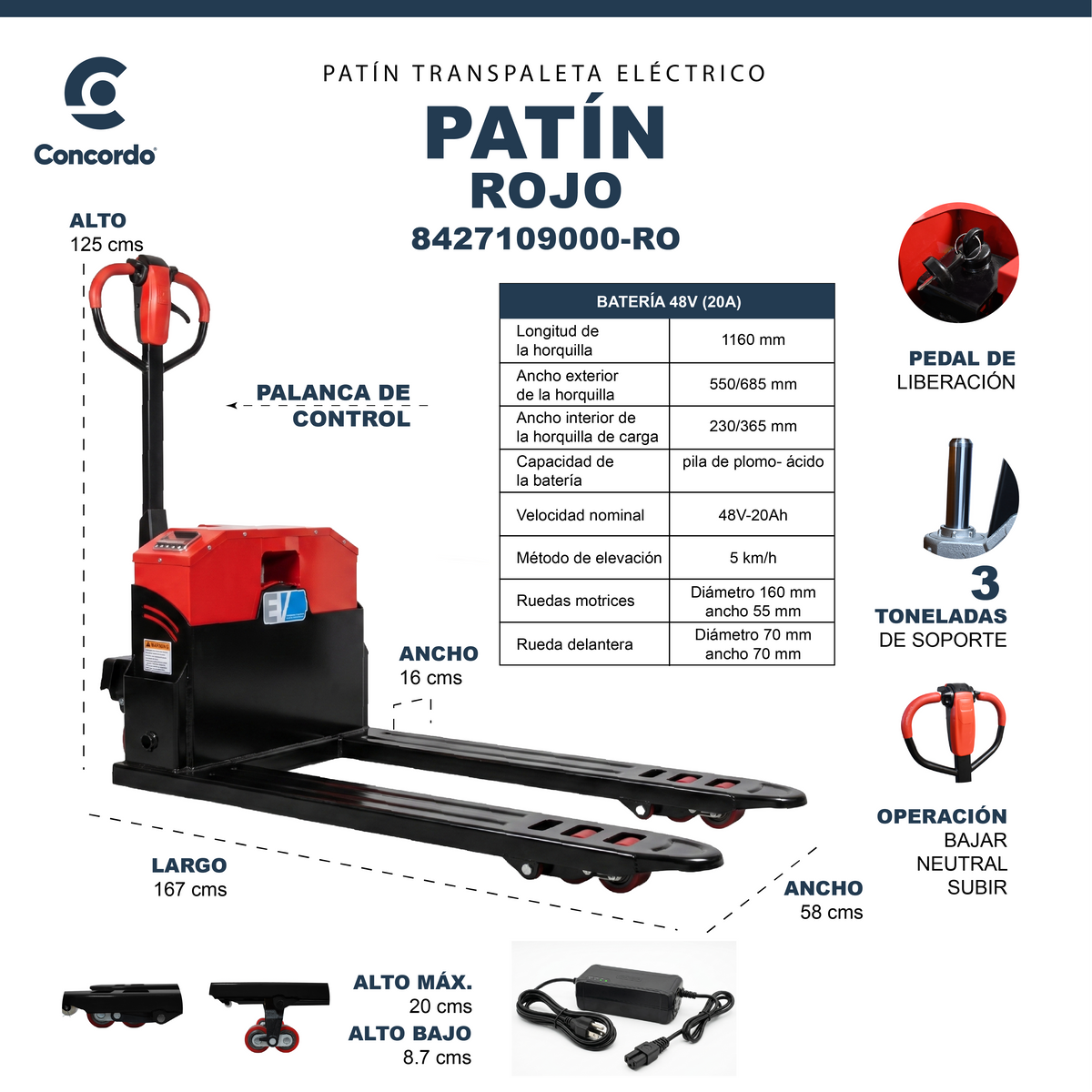 Patín Transpaleta Eléctrica de carga pesada 3 toneladas color Rojo - 8427109000-RO