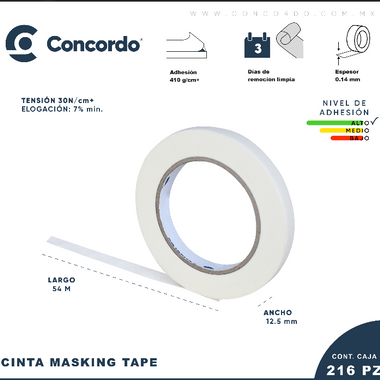 Caja De Cinta Masking tape 54mX12.5mm Color Blanco 1/2"pulgada