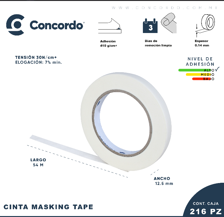 Caja De Cinta Masking tape 54mX12.5mm Color Blanco 1/2"pulgada