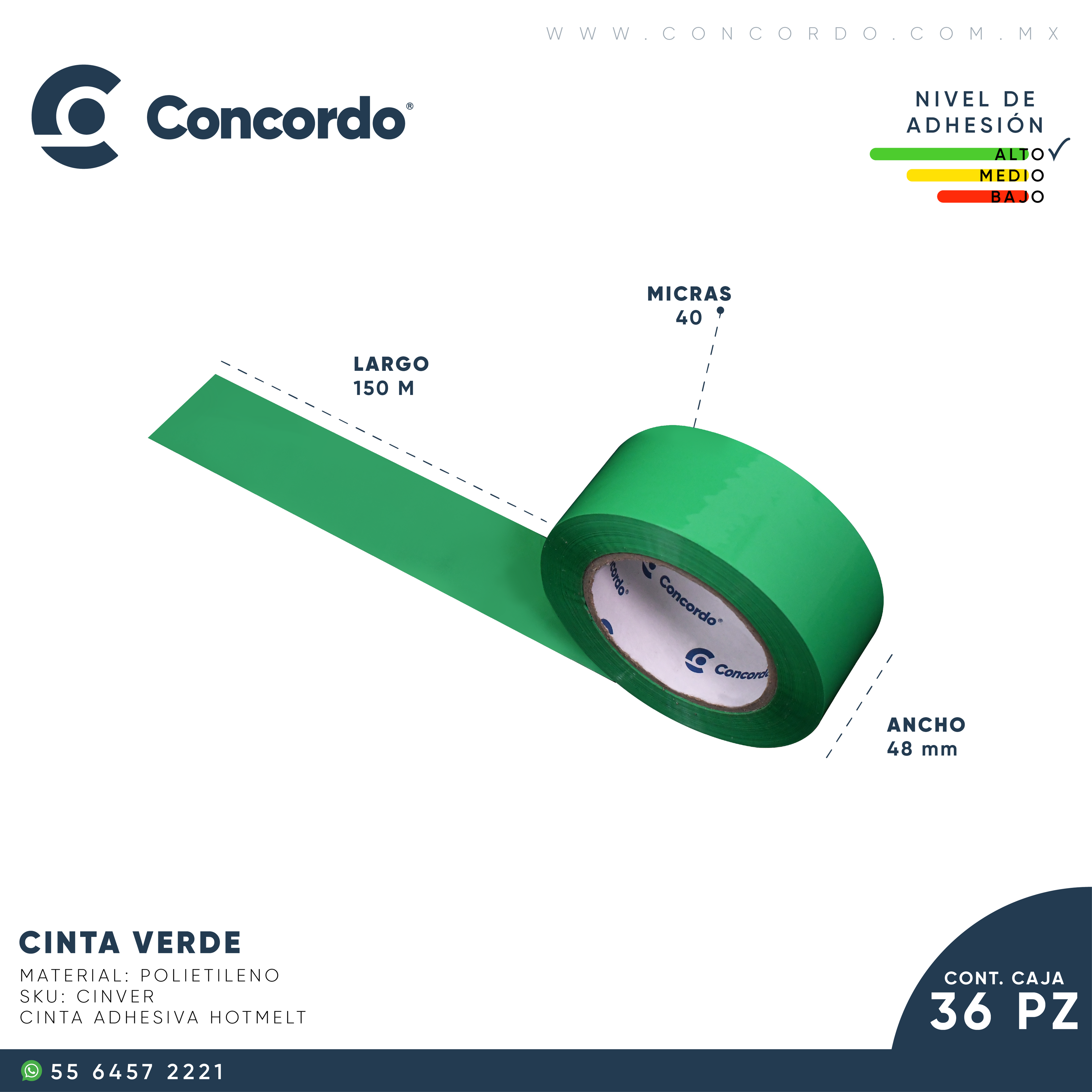 Caja De Cinta 150m x 48mm 36pz Color Verde-CINVER